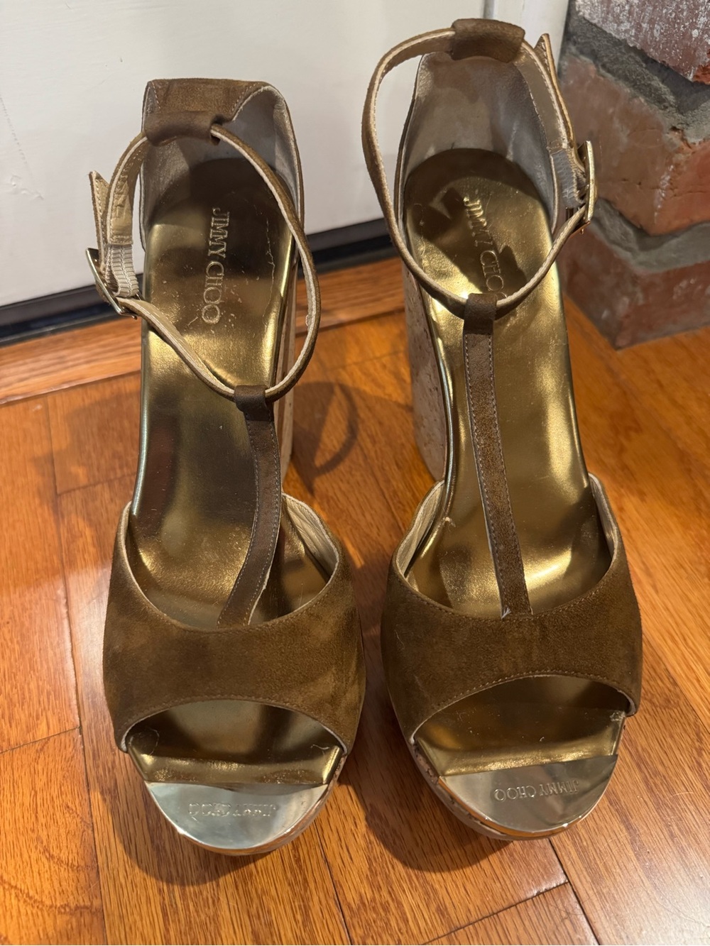 Jimmy Choo Brown Suede T-Strap Platform Sandals with Gold Accents
